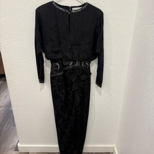 A.J. Bari Black Midi Dress Womens 10 Silver Beaded Accents Silk Formal